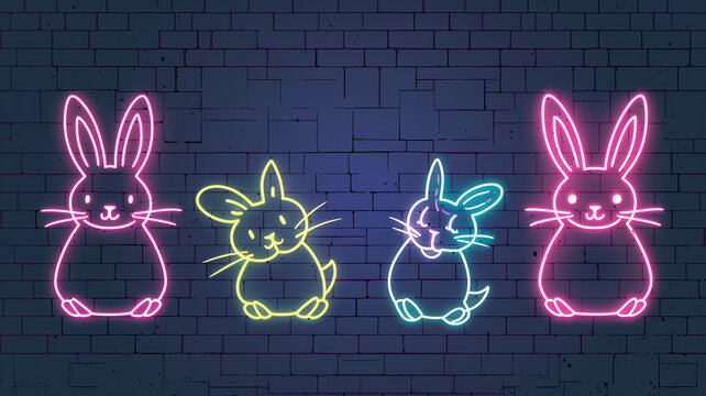 Ilustrações em néon de coelhos coloridos sobre fundo de parede de tijolos escuros.