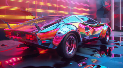 car abstract art colorful images, in the style of futuristic cyberpunk, sharp and angular