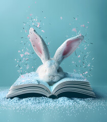 a white rabbit with pink ears is sitting on top of an open book