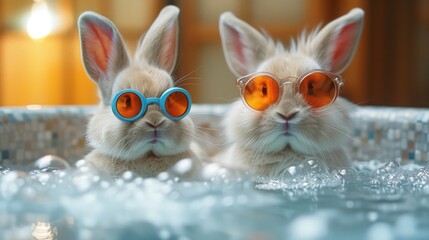 Playful White Rabbit in Sunglasses Enjoying Bubble Bath, Afternoon Sunlight, Vibrant Style - obrazy, fototapety, plakaty