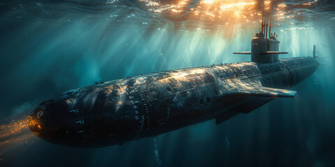 Fototapeta premium large submarine diving underwater blue sea
