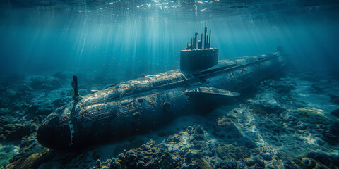 large submarine diving underwater blue sea - obrazy, fototapety, plakaty