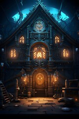 3D rendering of an old abandoned church in the dark with light - obrazy, fototapety, plakaty