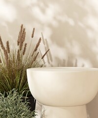 Empty white stone table podium, pampas and plant in dappled sunlight, leaf foliage shadow on white cream concrete wall for luxury organic cosmetic, skincare, body care, beauty product background 3D