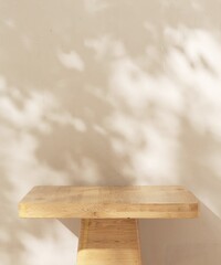 Empty square brown wooden table podium in dappled sunlight, leaf foliage shadow on white cream concrete wall for luxury organic cosmetic, skincare, body care, beauty product display background 3D