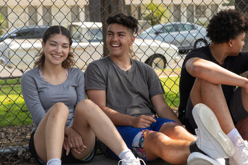 Friends sitting together after playing basketball
