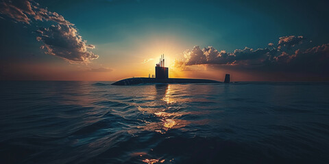  the submarine is on the surface of the sea at sunset
