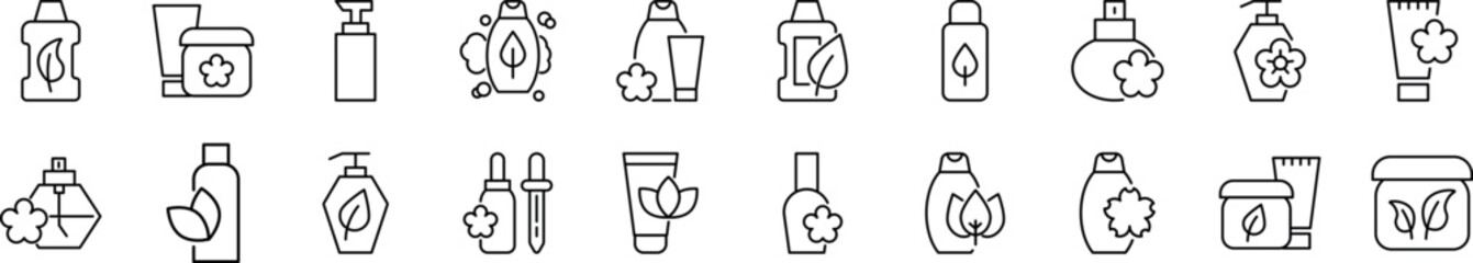 Collection of thin vector images of various cosmetic bottles. Editable stroke. Simple line icon for web sites, newspapers, articles book