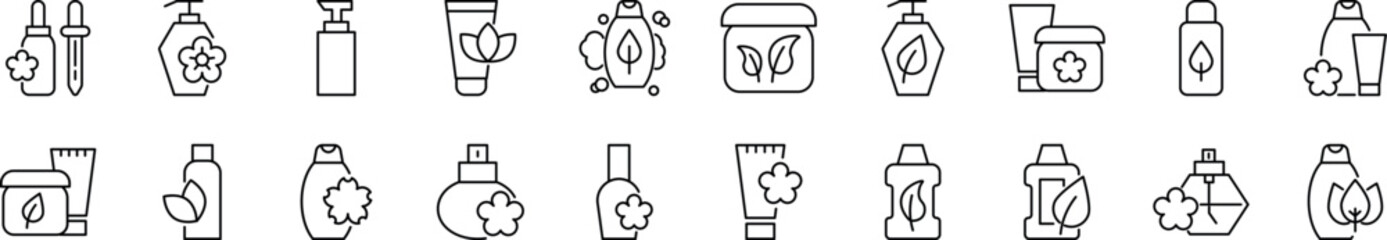Simple outline signs of various cosmetic bottles. Editable stroke. Line icons for web sites, newspapers, articles book