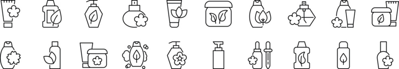 Set of vector outline symbols of various cosmetic bottles. Editable stroke. Line icon for web sites, newspapers, articles book