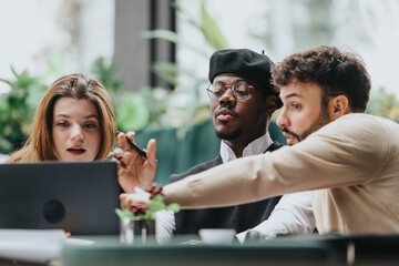 Three multiethnic people engage deeply in conversation while looking at a laptop in a cozy restaurant setting, embodying teamwork and collaboration.
