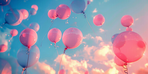 various pink and blue balloons floating into the air,pink and blue balloons with confetti on blue background, happy birthday party, empty space for text