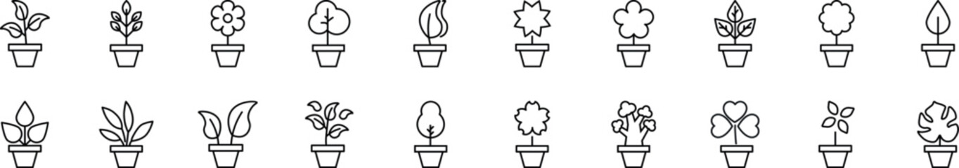 Pack of linear symbols of pot plant. Editable stroke. Linear symbol for web sites, newspapers, articles book