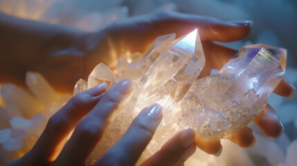 Fingers gently touching a crystal as a person prepares to channel Reiki energy into it for healing.