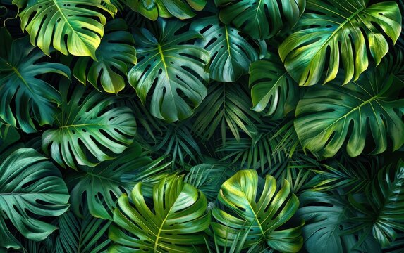 Lush green monstera leaves pattern, tropical foliage background.