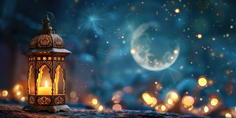 Traditional lantern against a dreamy night sky with crescent moon and twinkling lights, symbolizing Ramadan.