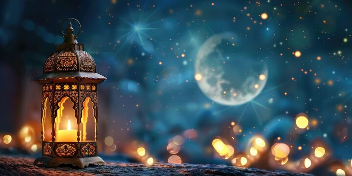 Traditional lantern against a dreamy night sky with crescent moon and twinkling lights, symbolizing Ramadan.