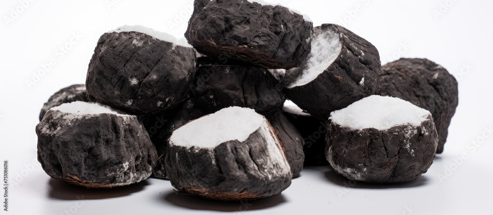 Poster a collection of black and white candies neatly stacked on a plain white surface. the candies vary in