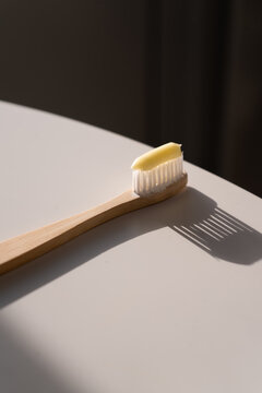 Eco bamboo toothbrush with applied toothpaste