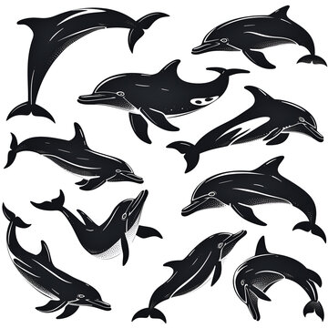 set of silhouettes of dolphin on white