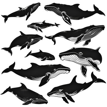 a collection of whale on white, silhouette whale