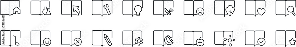 Poster set of line icons of books with various items. editable stroke. simple outline sign for web sites, n
