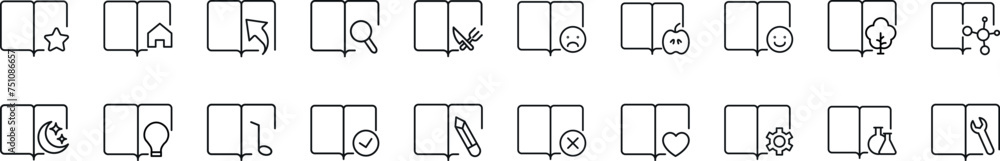 Poster line icons collection of books with various items. editable stroke. simple linear illustration for w