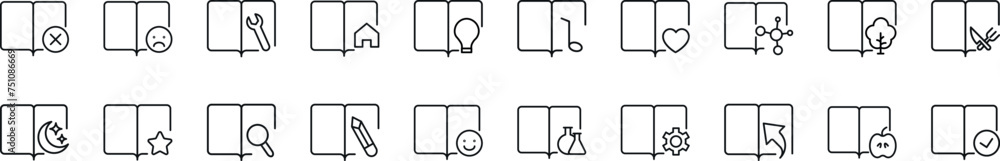 Poster pack of linear symbols of books with various items. editable stroke. linear symbol for web sites, ne