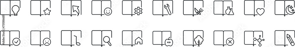 Poster collection of thin line icons of books with various items. editable stroke. simple linear illustrati