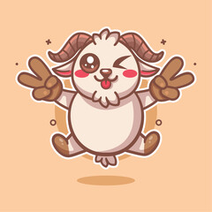 happy goat animal character mascot with peace sign hand gesture isolated cartoon 