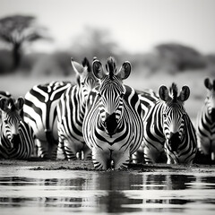 Intricate Beauty of Zebra Herd in High Contrast Monochrome - A Striped Symphony of Survival in Savannah