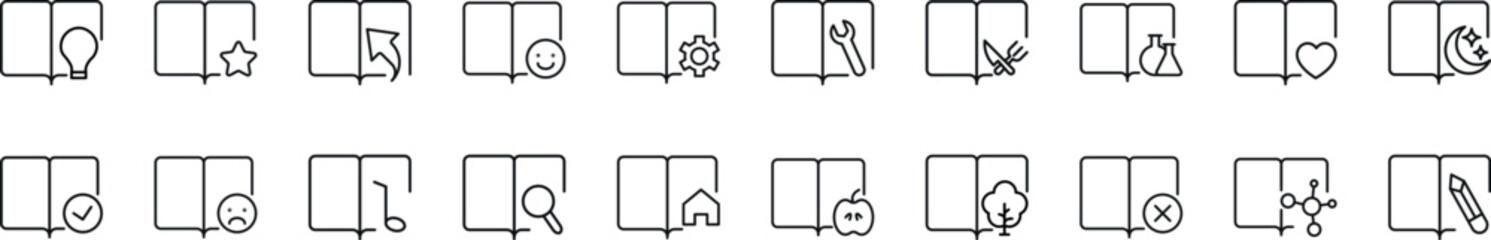 Collection of thin line icons of books with various items. Editable stroke. Simple linear illustration for web sites, newspapers, articles book