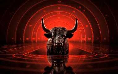 Gordijnen Bull head vibrant colorful brush style vector illustration. Angry bull statue in bronze isolated on black background for stock market or cowboy concepts. Generative AI. © Surachetsh