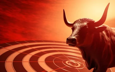 Foto op Canvas Bull head vibrant colorful brush style vector illustration. Angry bull statue in bronze isolated on black background for stock market or cowboy concepts. Generative AI. © Surachetsh