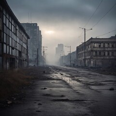 Fototapeta na wymiar Ghost City Town with Mist on the Horizon. Economic Recession. Generative Ai. Ai