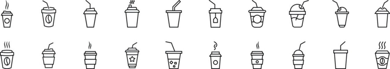 Set of line icons of disposable cup. Editable stroke. Simple outline sign for web sites, newspapers, articles book