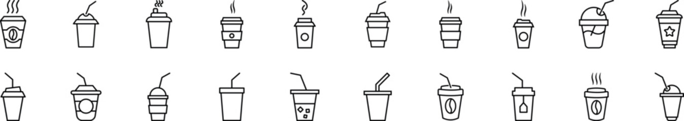 Collection of thin line icons of disposable cup. Editable stroke. Simple linear illustration for web sites, newspapers, articles book