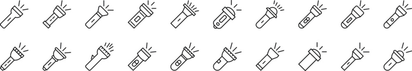 Collection of thin signs of flashlight. Editable stroke. Simple linear illustration for stores, shops, banners, design