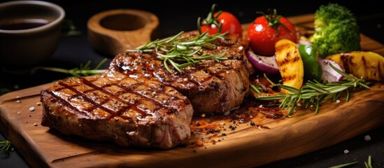A wooden cutting board is shown with a perfectly grilled pork steak as the centerpiece, surrounded by an assortment of colorful vegetables such as bell peppers, zucchini, and cherry tomatoes.