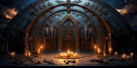 3d illustration of the interior of an old church at night. - obrazy, fototapety, plakaty