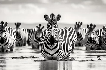 Papier Peint photo Lavable Zèbre Intricate Beauty of Zebra Herd in High Contrast Monochrome - A Striped Symphony of Survival in Savannah