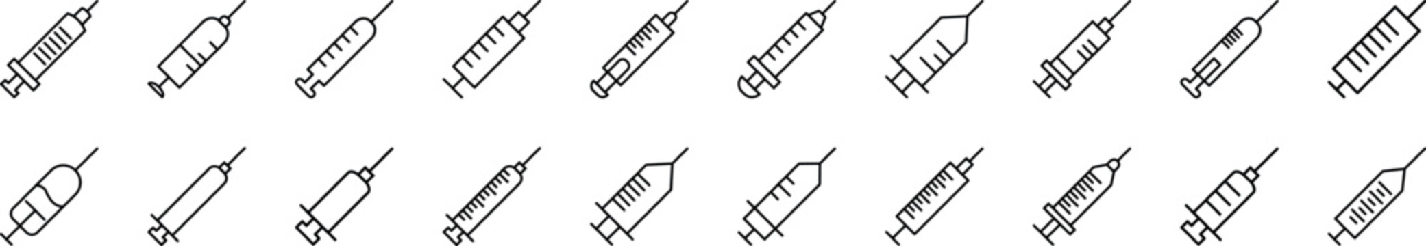 Collection of outline symbol of syringe. Editable stroke. Simple linear illustration for stores, shops, banners, design