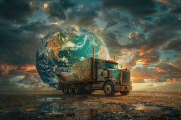 A large truck with cargo leaving the planet. - obrazy, fototapety, plakaty