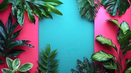 A frame of tropical leaves on a red and blue background. Creative advertising.