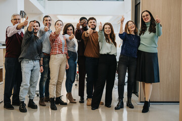 Fototapeta premium Diverse group of joyful people giving thumbs up in modern office space.