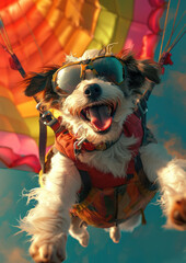 Un adorable chien sautant en parachute, image avec espace pour texte.