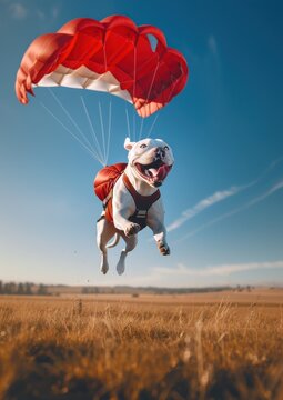 Un adorable chien de race dogue argentin sautant en parachute, image avec espace pour texte.