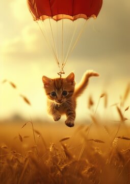 Un adorable chaton roux sautant en parachute, image avec espace pour texte.