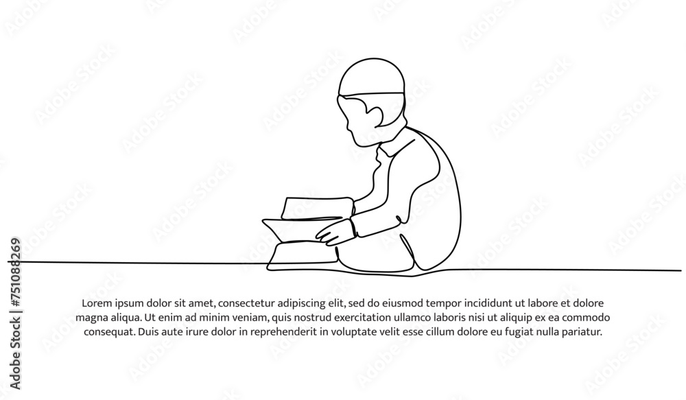 Poster continuous line of a little boy reading the qur'an. single line decorative elements drawn on a white