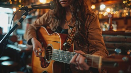 Fototapeta na wymiar Woman playing acoustic guitar at night club or country bar